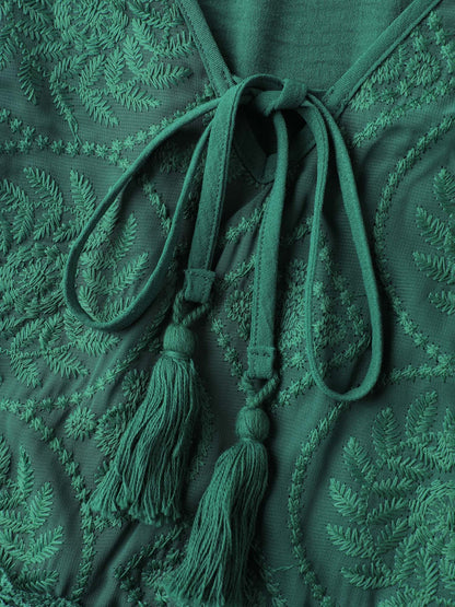 Embroidered Lace Trim Neck Drawstring Maxi Dress