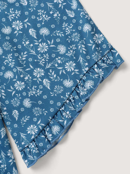 Floral Print Lace Trim Ruffled Sleeve Top