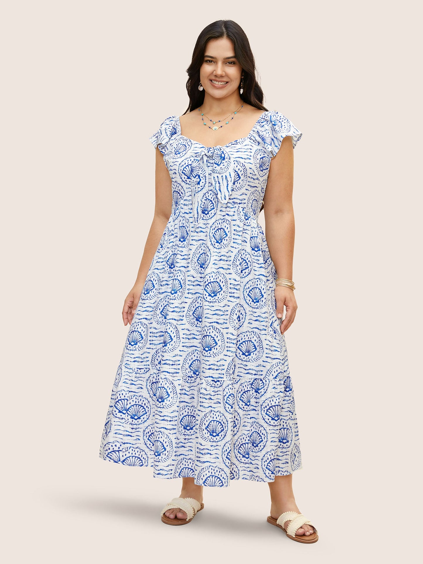 Marine Elements Ruffles Tie Knot Maxi Dress