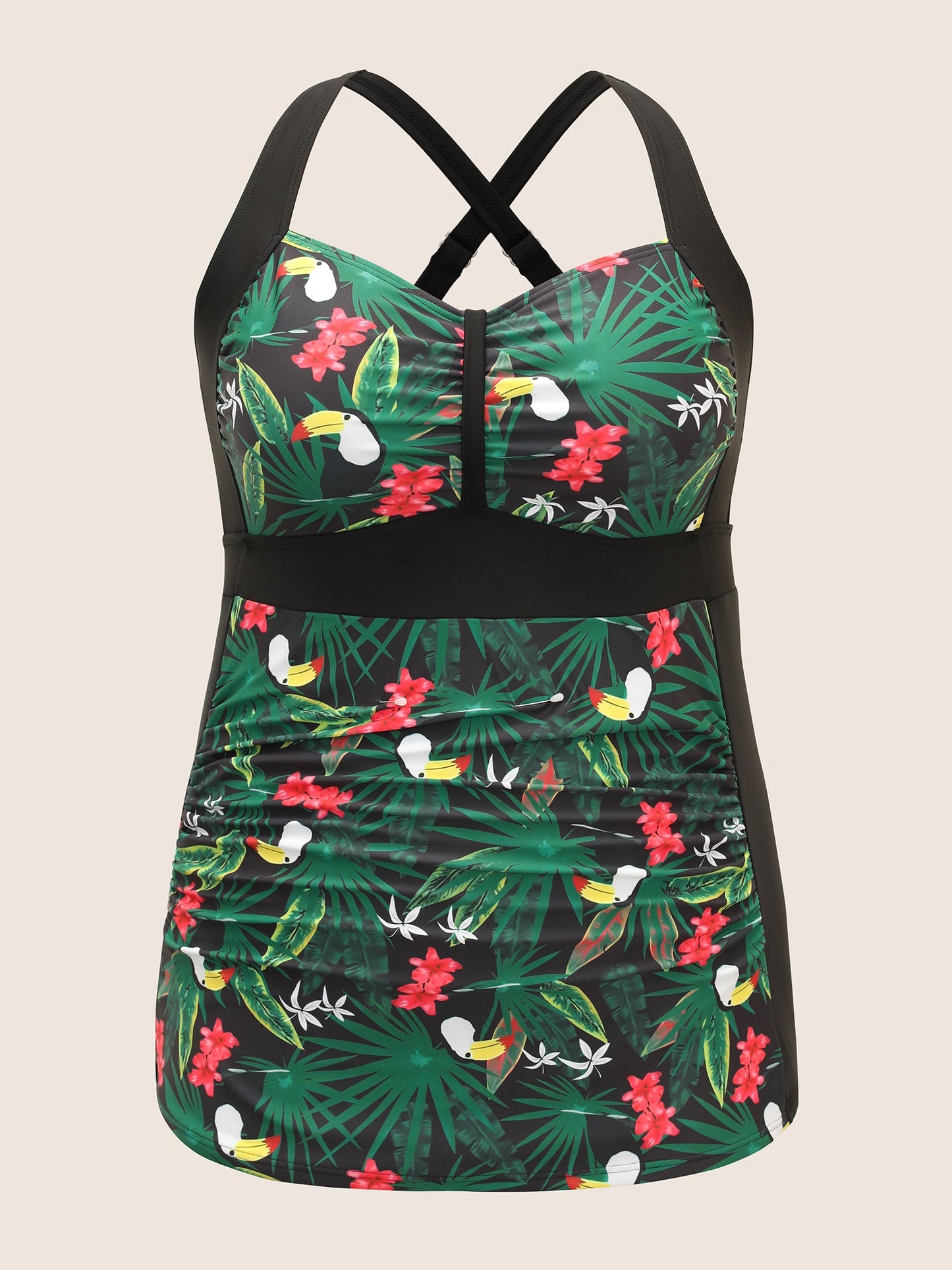 Tropical Print Patchwork Gathered Swim Top