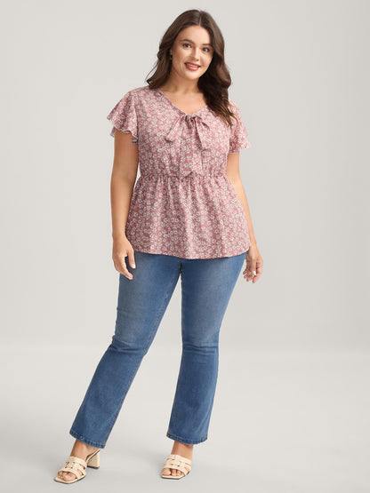 Ribbon Neck Floral Print Ruffled Blouse