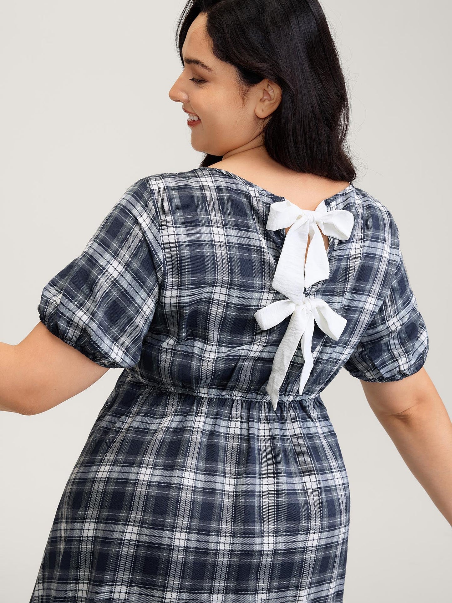 Plaid Print Back Bowknots Contrast Midi Dress