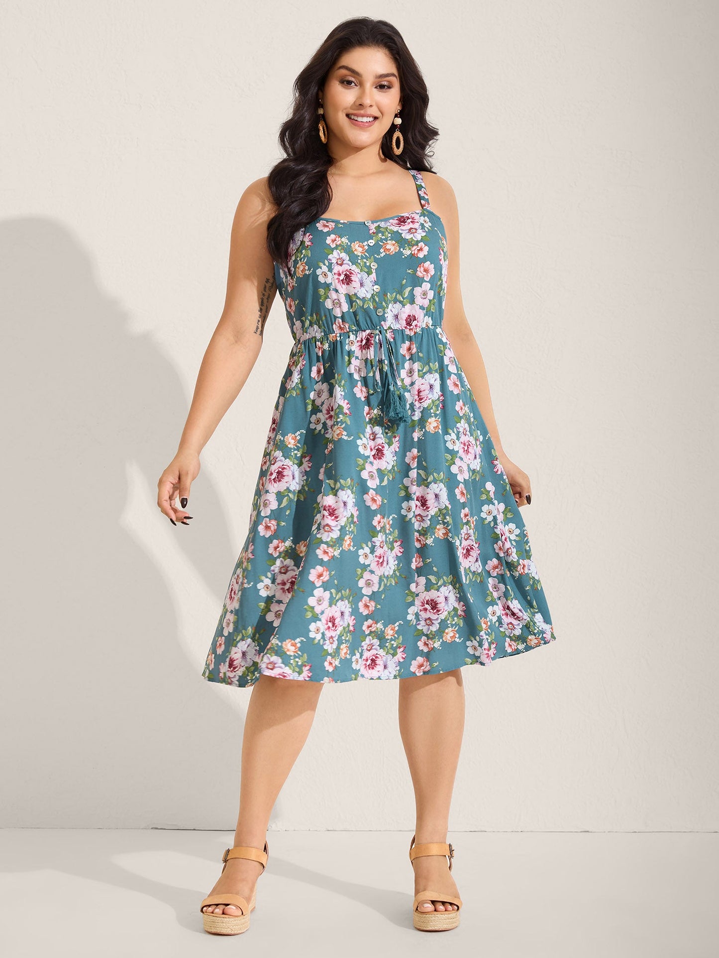 Large Floral Print Cinched-Waist Midi Dress