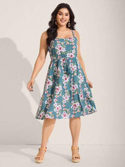 Large Floral Print Cinched-Waist Midi Dress