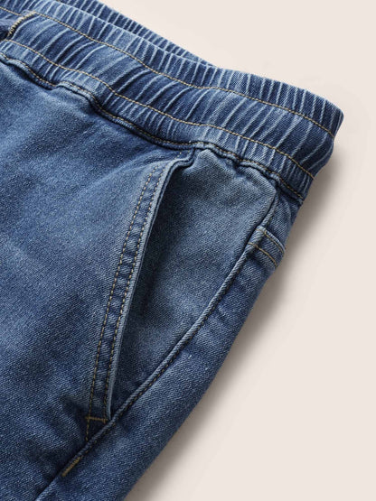 Light Wash Elastic Waist Drawstring Denim Shorts