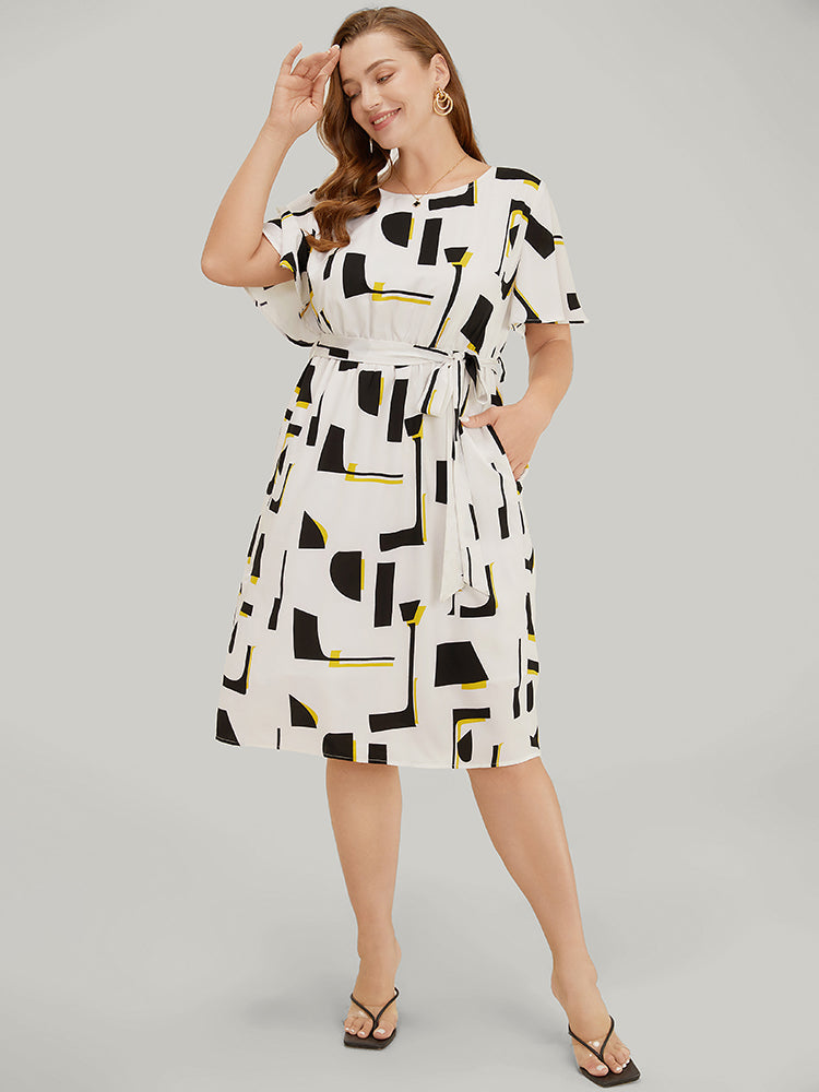 Geometric Print Pocket Belt Flutter Sleeve Dress