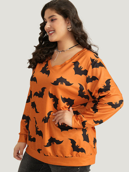 Halloween Bat Print V Neck Sweatshirt