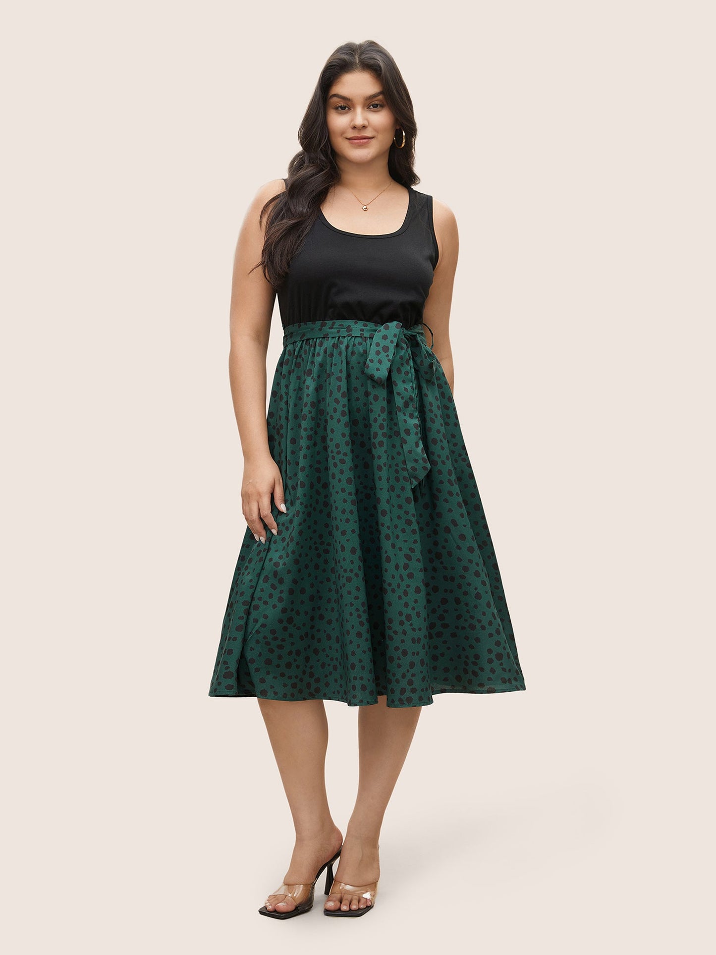 Scoop Neck Leopard Patchwork Belted Dress