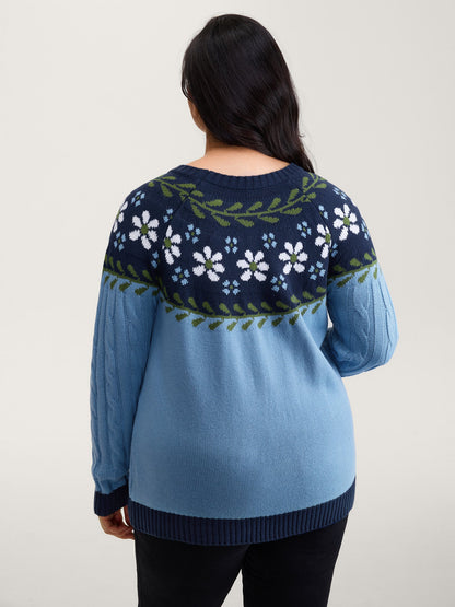 Cable Knit Jacquard Floral Contrast Pullover