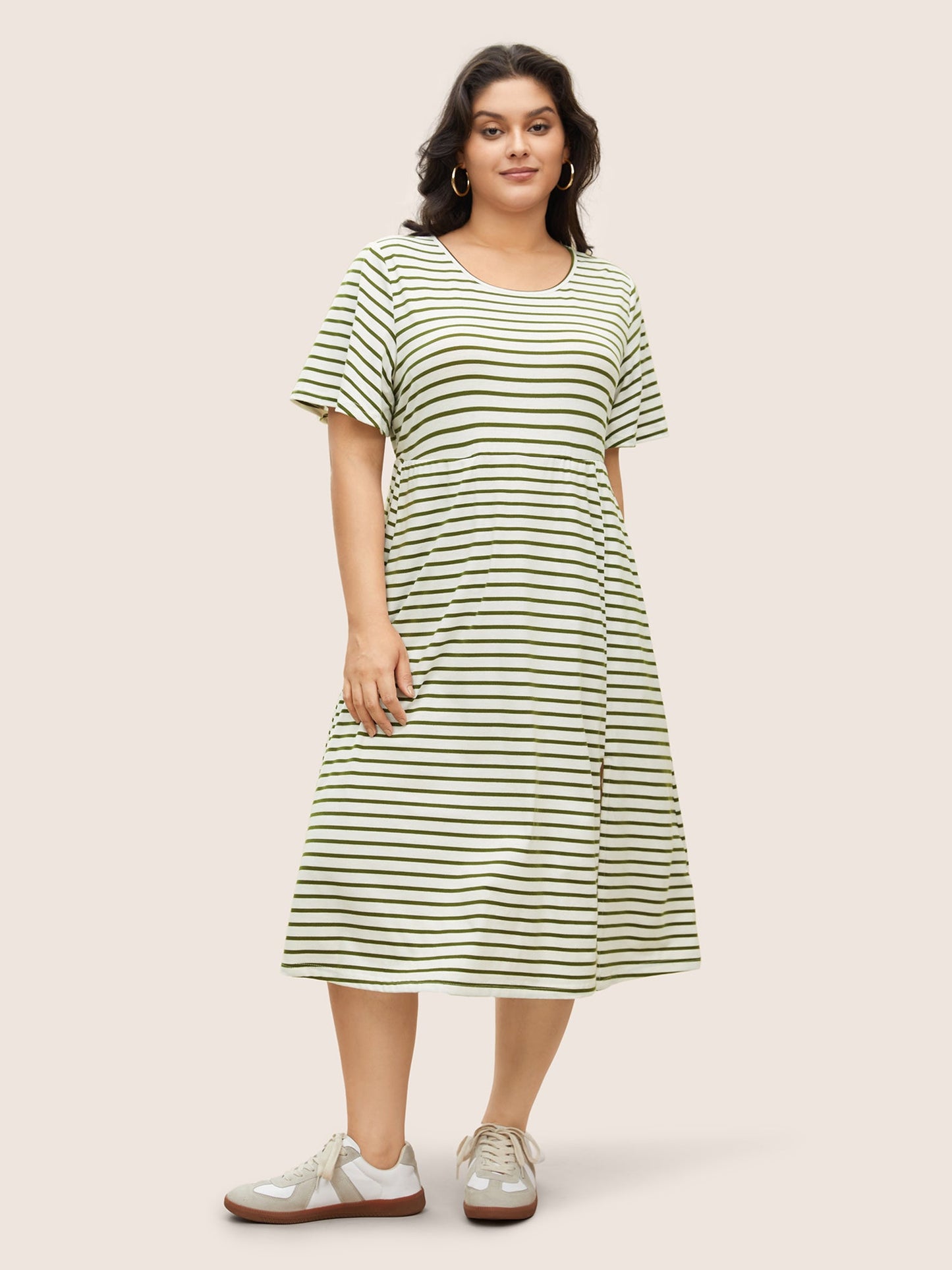 Stripes Round Neck Split Side Pocket Dress