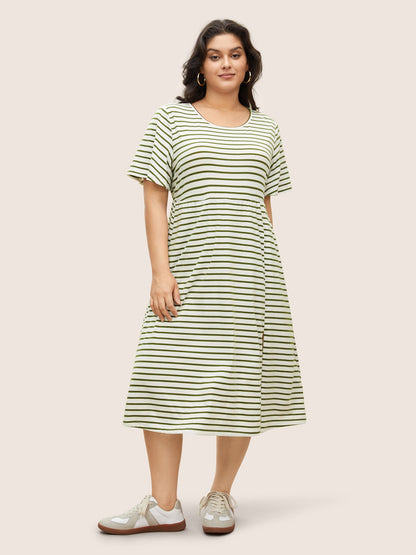 Stripes Round Neck Split Side Pocket Dress