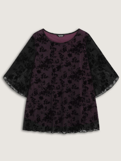 Petal Sleeve Curvy Hem Mesh Knit Top