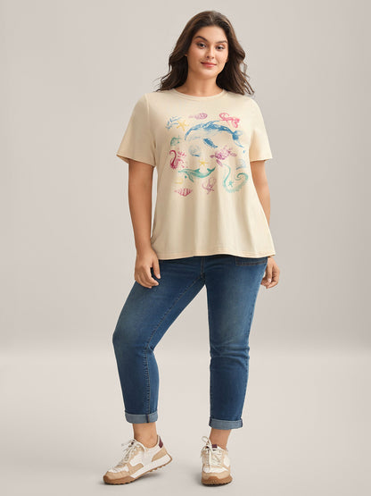 Ocean Print Round Neck Fitted T-Shirt