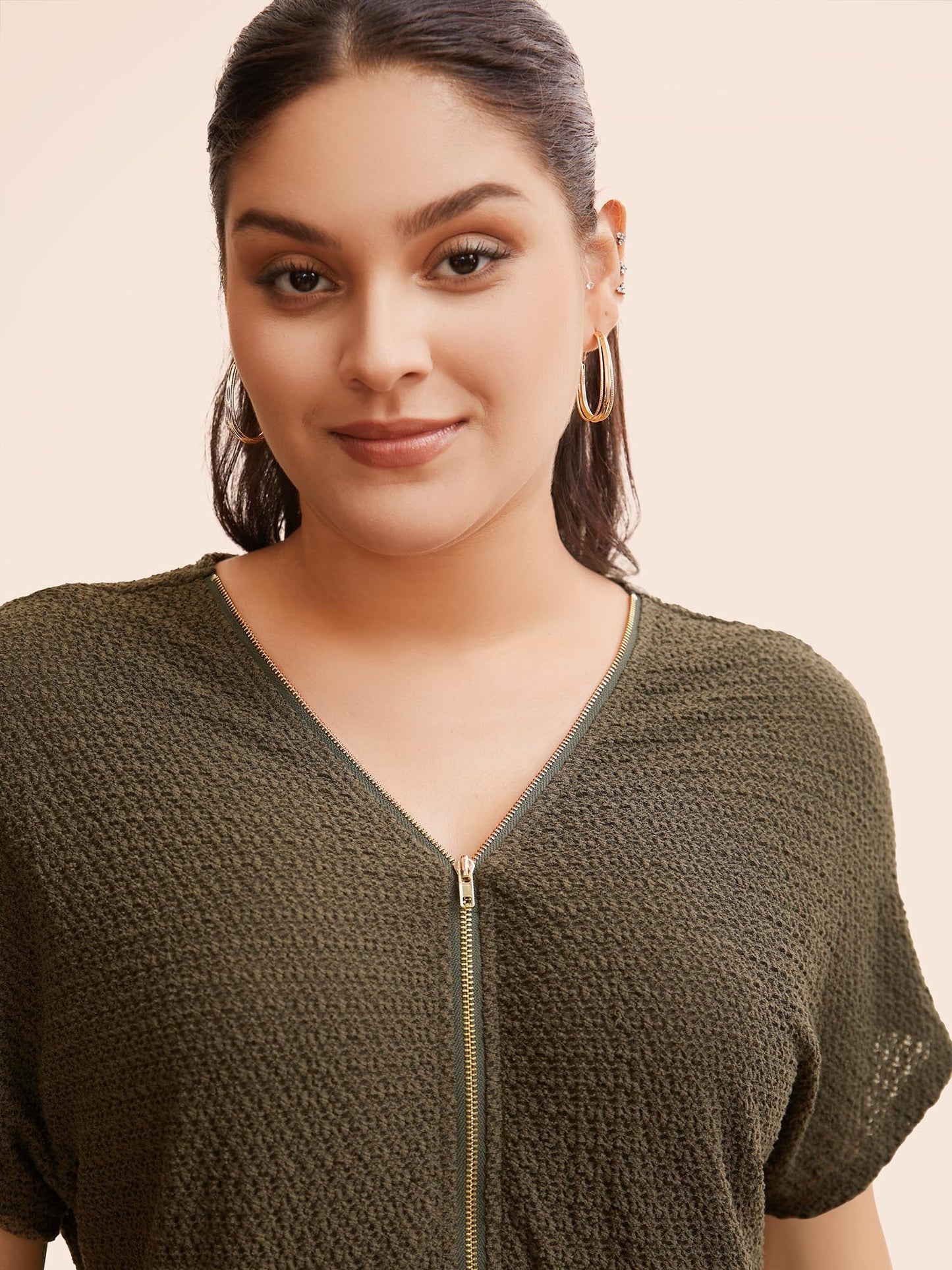 Texture Half Zip Batwing Sleeve T-shirt