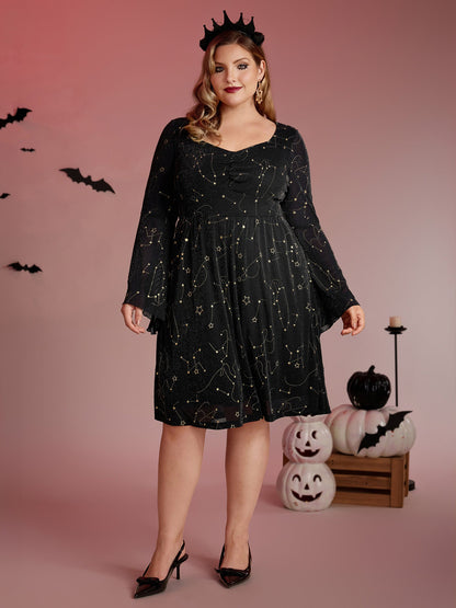 Starry Silk Mesh Flared Sleeve Midi Dress