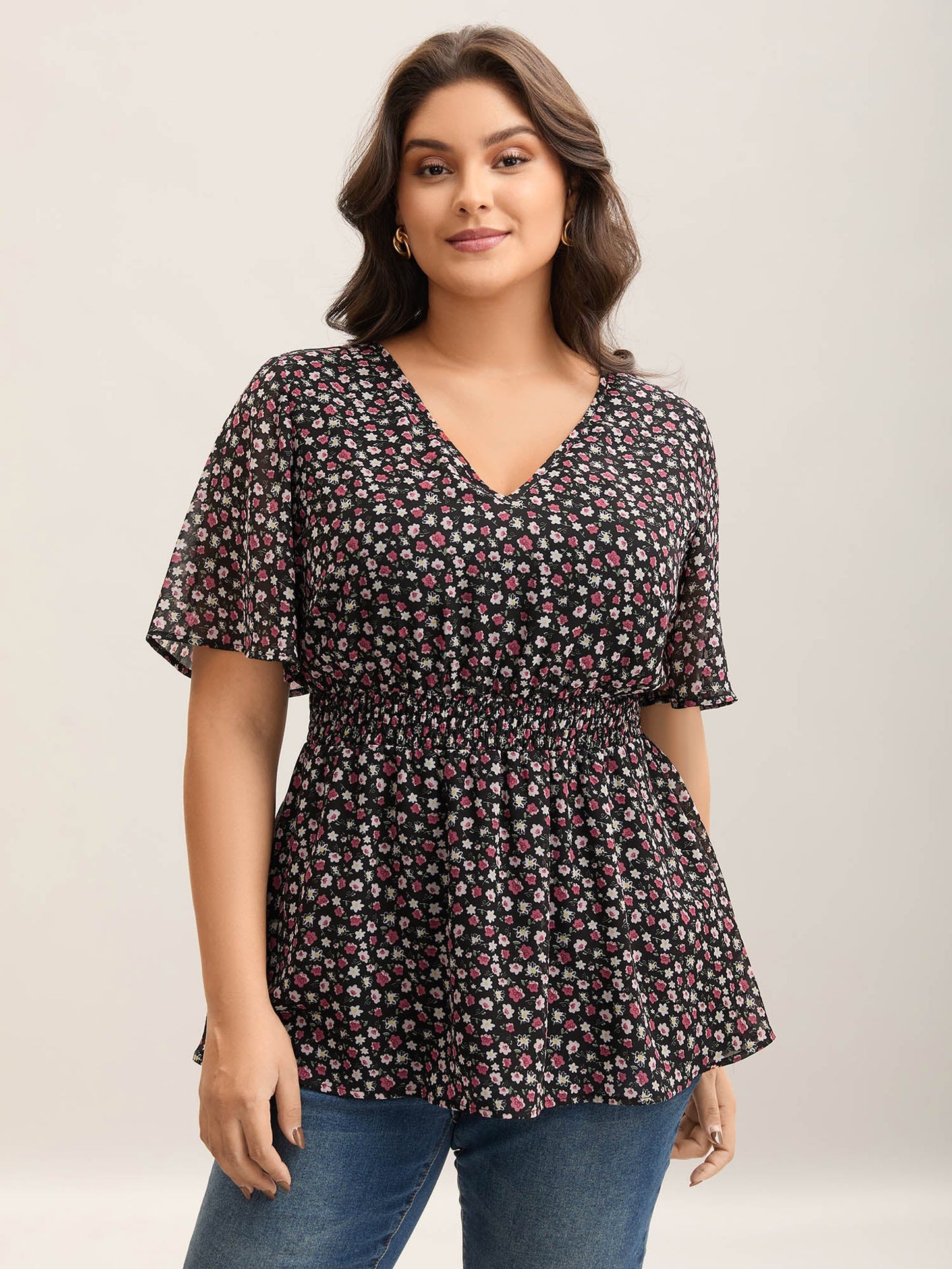 Floral Print Shirred Waist Cinched Shirt