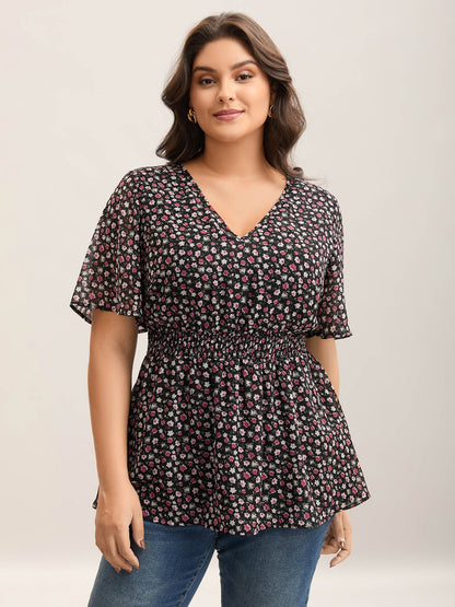 Floral Print Shirred Waist Cinched Shirt