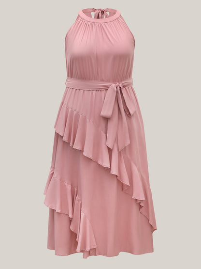 Ruffled Halter Neck Solid Midi Dress
