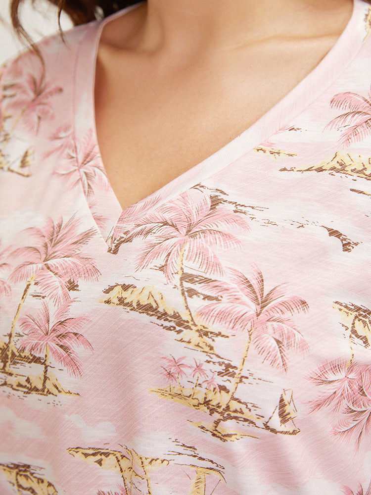 Coconut Tree Print Gathered Twist Sleeve T-shirt