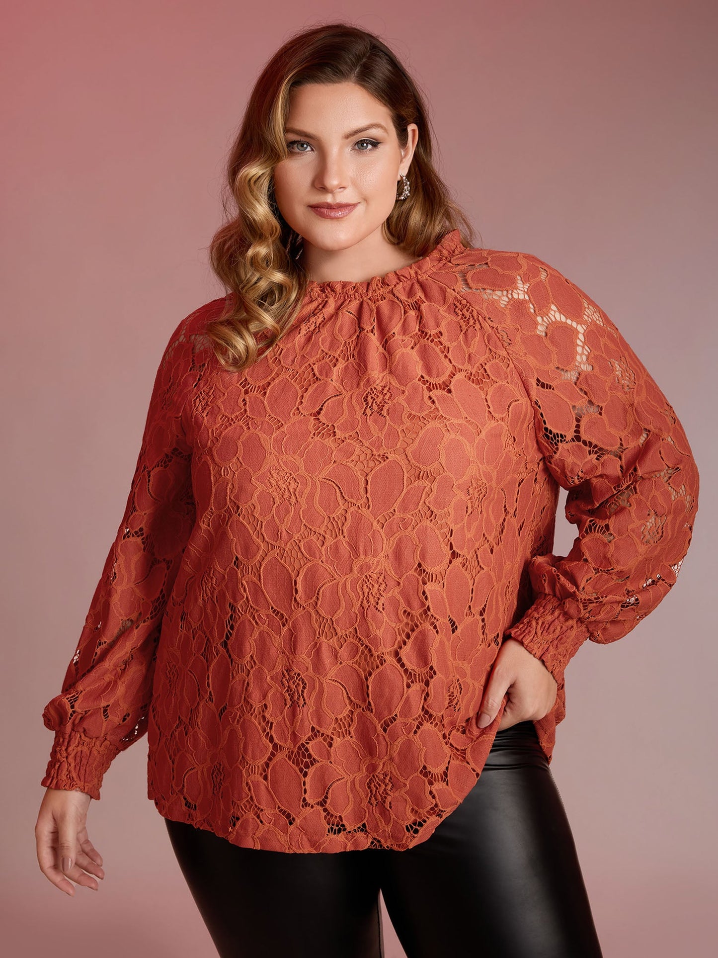 Lace Ruffled Neckline Shirred Blouse