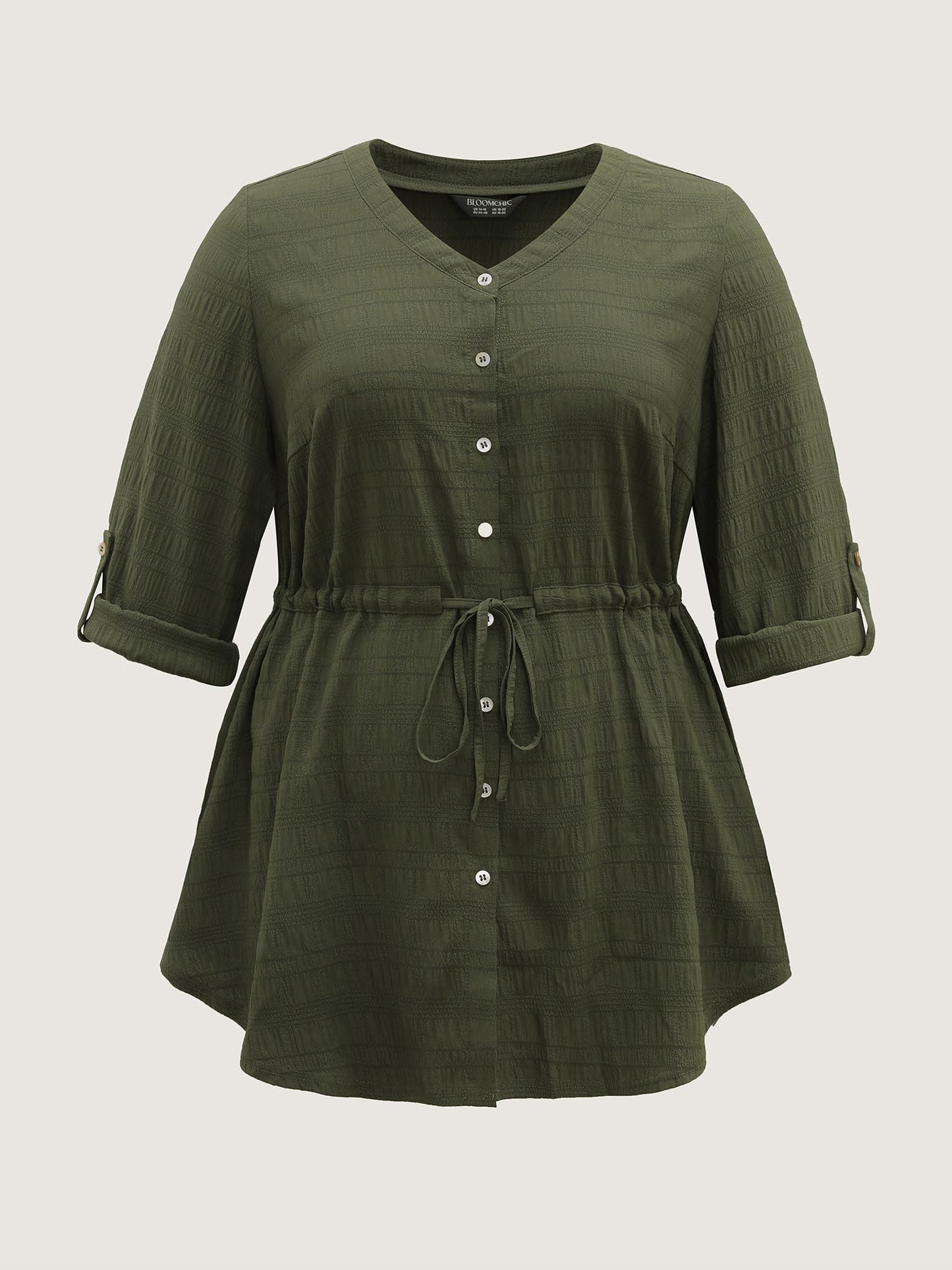 Textured Tab Sleeve Waist Drawstring Blouse