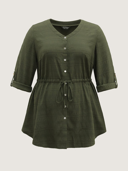 Textured Tab Sleeve Waist Drawstring Blouse