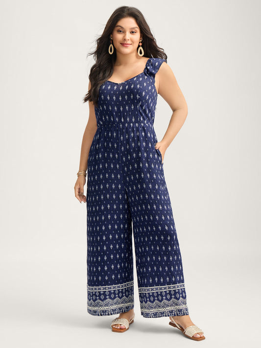 Rayon Boho Print Stretchy Waist Jumpsuit