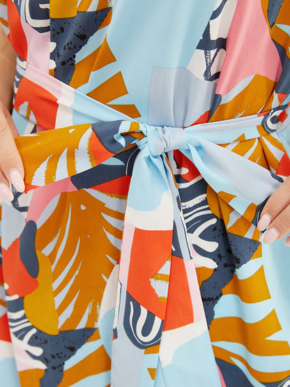 Graphic Print Ruffles Hem Pocket Belt Pleated Tank Dress