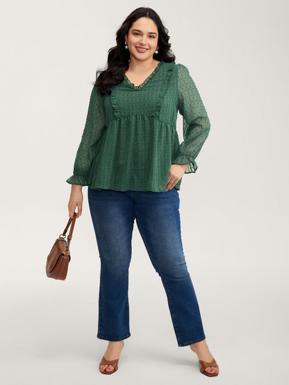 Ruffle Textured Lace Trim Blouse