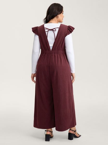 Corduroy Stretchy Waist Flutter Sleeve Jumpsuit