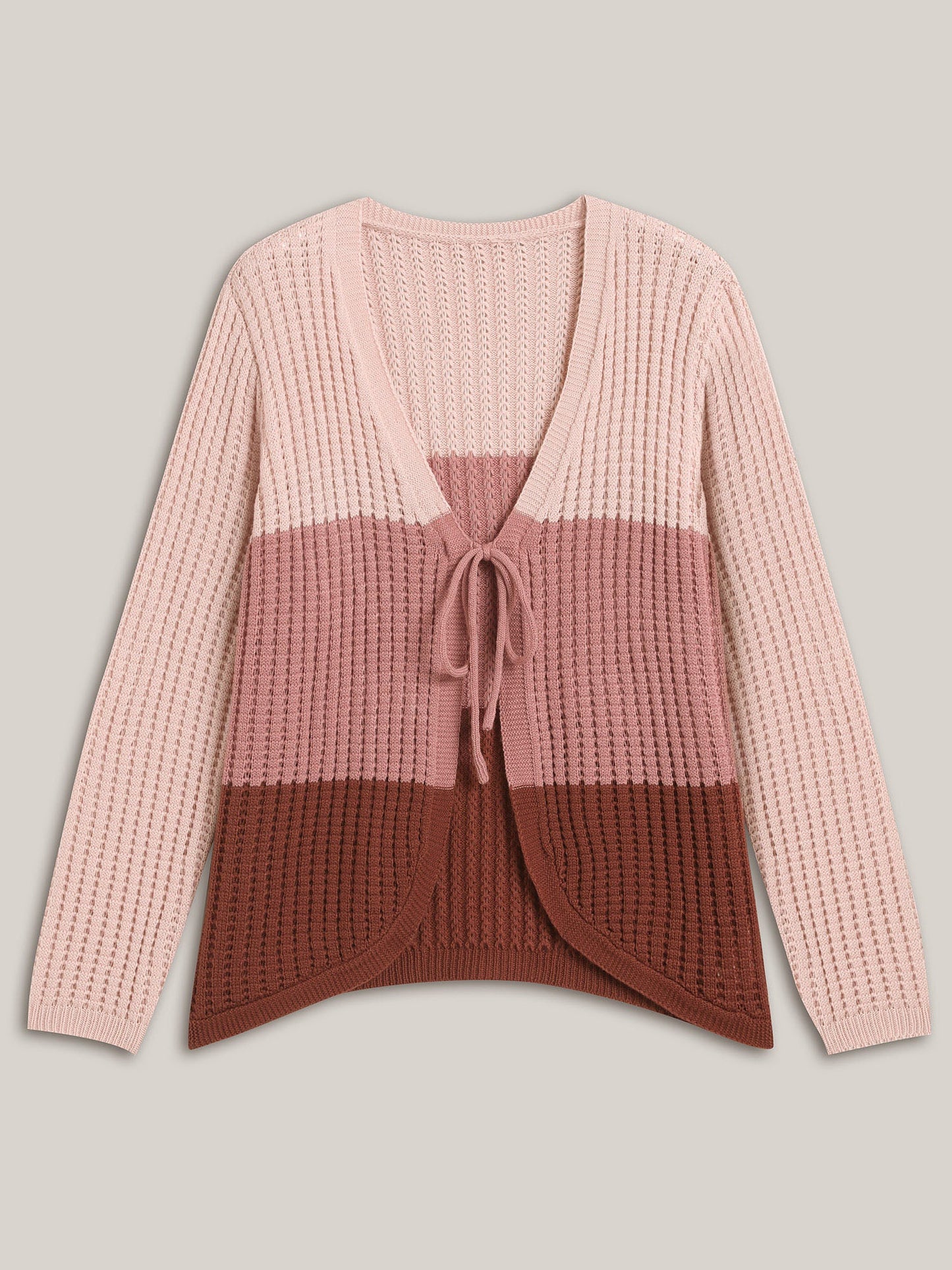 Arc Hem Color Block Tie Front Cardigan