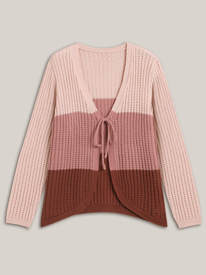 Arc Hem Color Block Tie Front Cardigan
