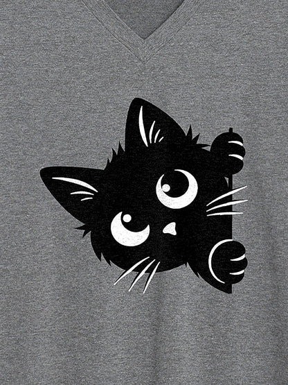 Hey Cat V-Neck Solid T-Shirt