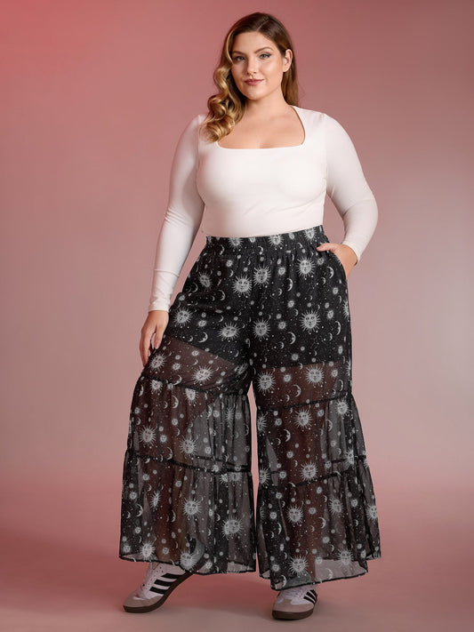 Starry Halloween Night Sheer Wide Waistband Pants