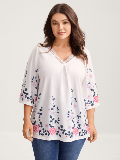 Stretchy Floral Print V-Neck Knit Top