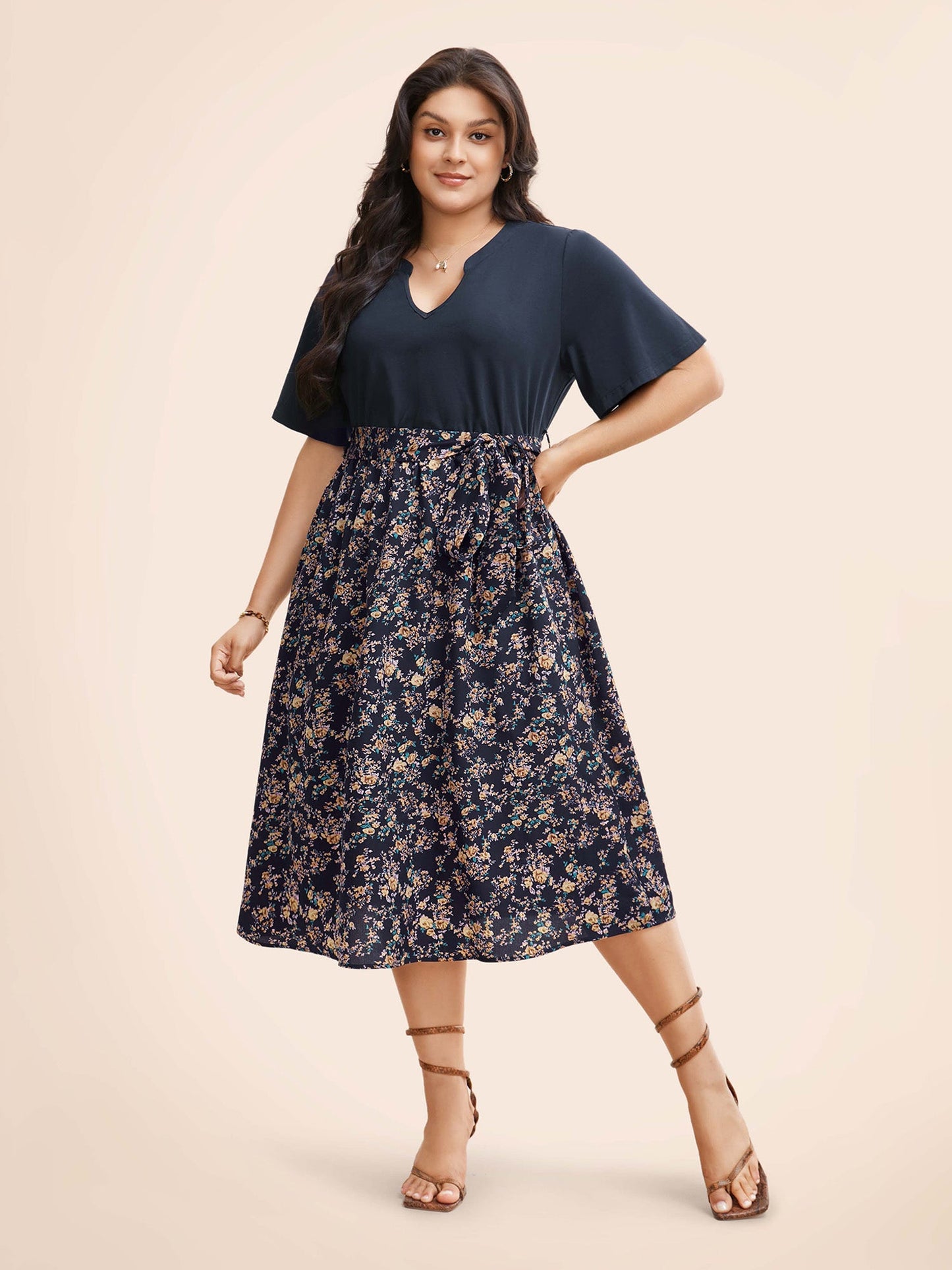 Notched Collar Floral Patchwork Belted Dress