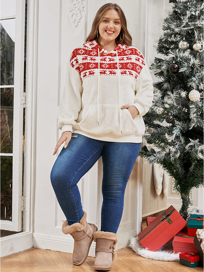 Elk & Snowflake Print Pocket Drawstring Hooded Sweatshirt