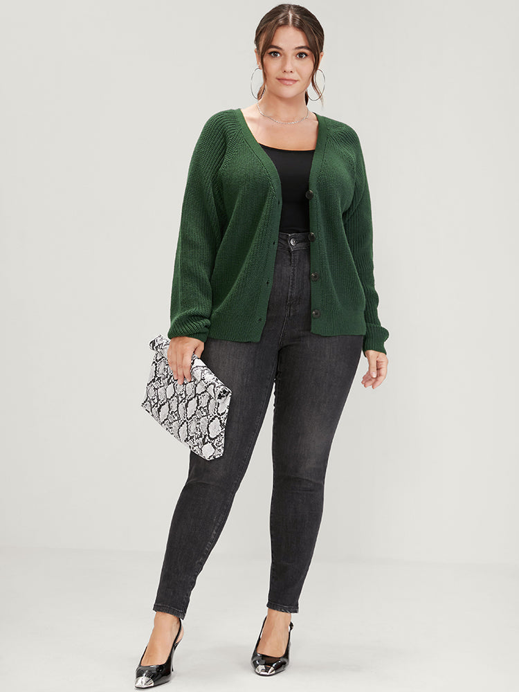 Solid Pointelle Knit Raglan Sleeve Button Front Cardigan