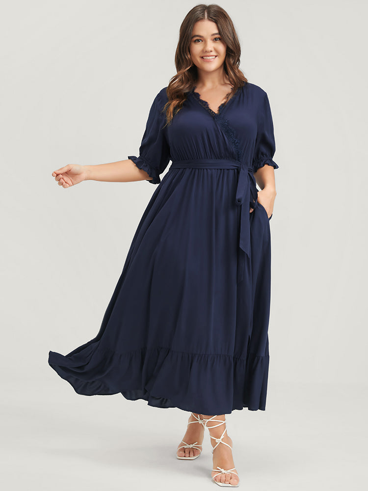 Solid Knotted Pocket Lace Trim Wrap Maxi Dress