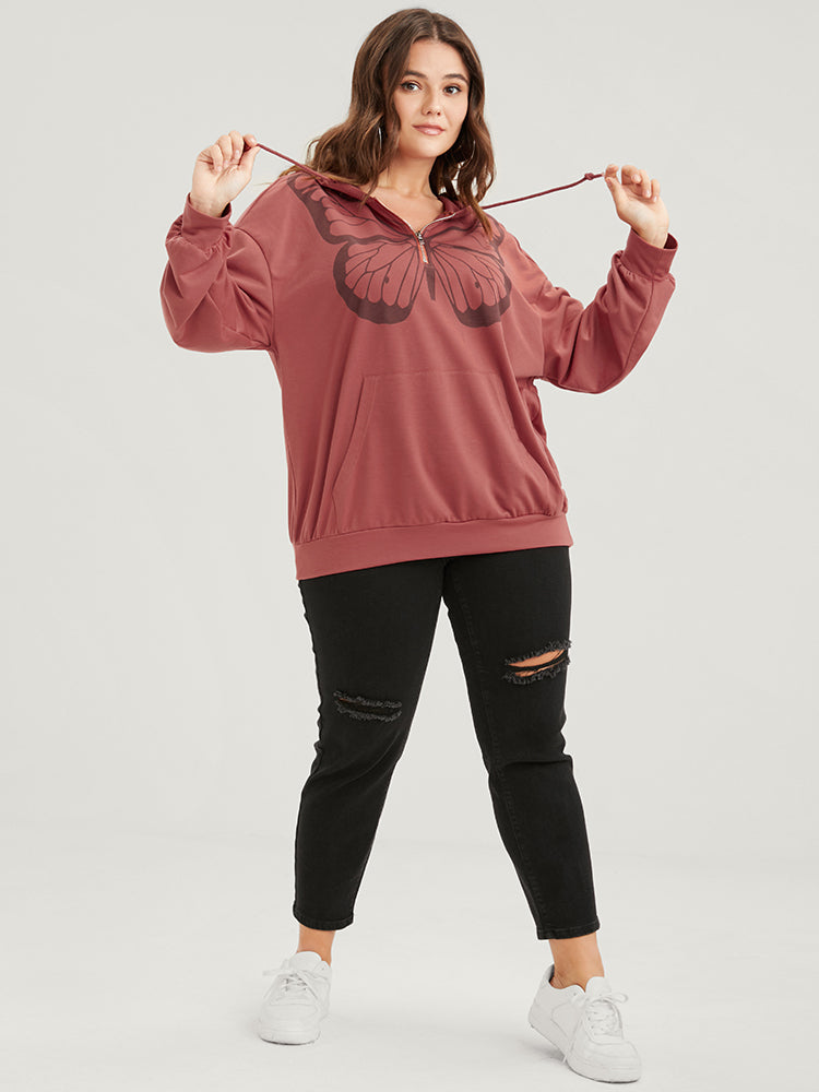 Butterfly Print Half Zipper Drawstring Hooded  Sweatshirt
