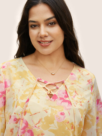 Floral Flutter Sleeve Lace Up Blouse