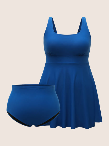 U Neck Solid Tiered Slit Hem Swim Dress