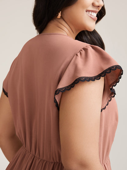 Contrast Lace Flutter Sleeve Breezy Midi Dress