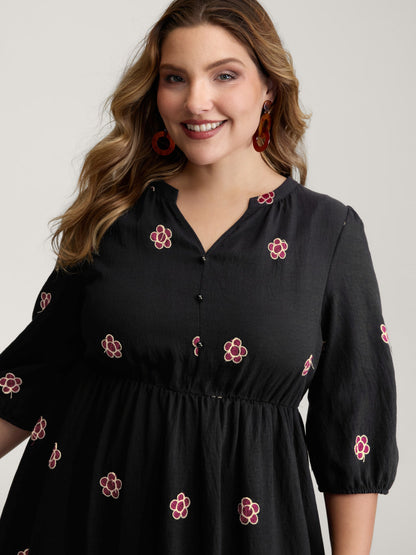 Floral Embroidery Notched Collar Knee-Length Dress