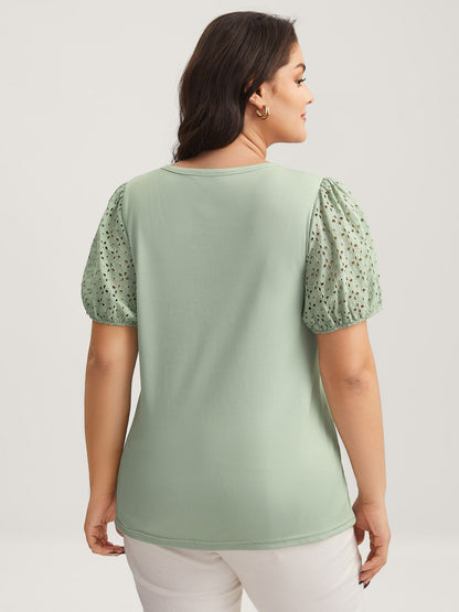 Eyelet Trim Solid Puffy Sleeve Knit Top