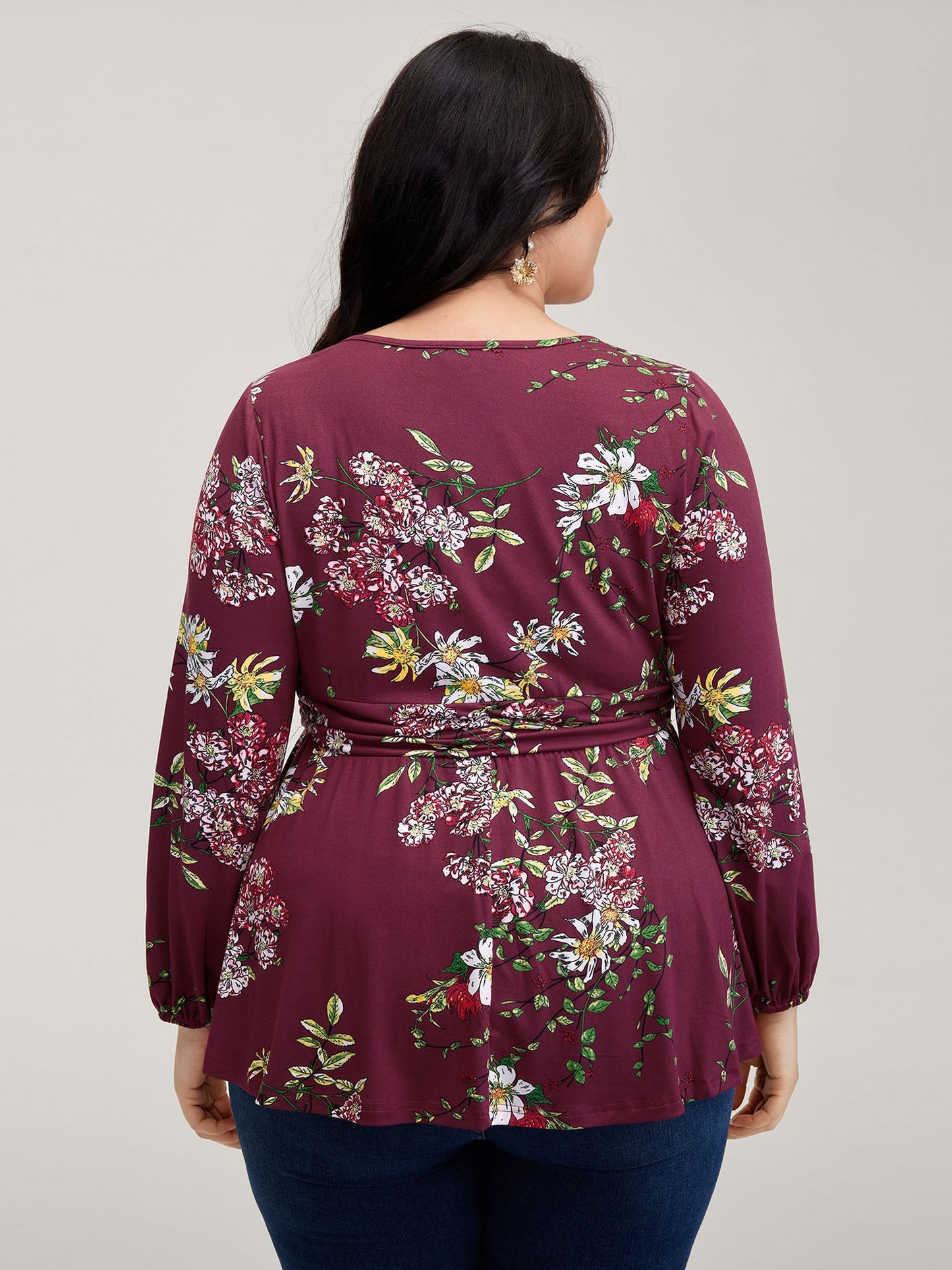 Floral Pleated Waist Stretchy Knit Top