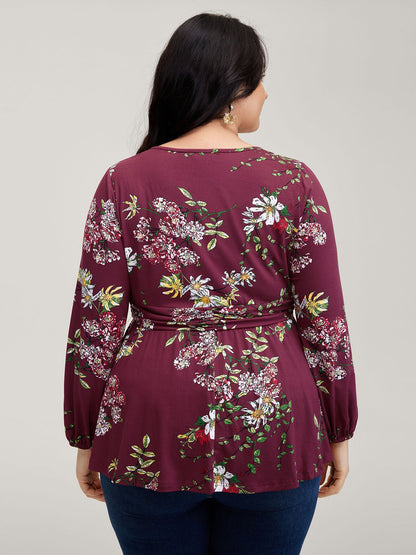 Floral Pleated Waist Stretchy Knit Top