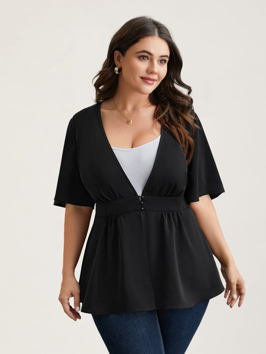 V-Neck Stretchy-Waist Button Flared Blouse