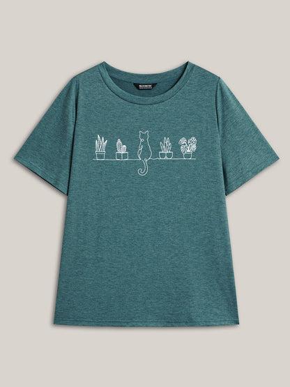 Cat Print Crew Neck Stretchy T-Shirt