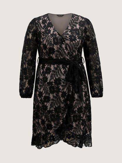 Floral Lace Lined Wrap Belted Midi Dress